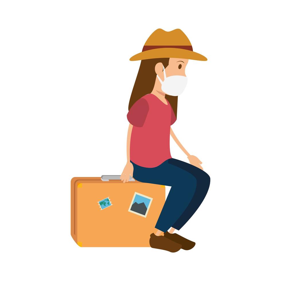 woman using face mask with suitcase vector