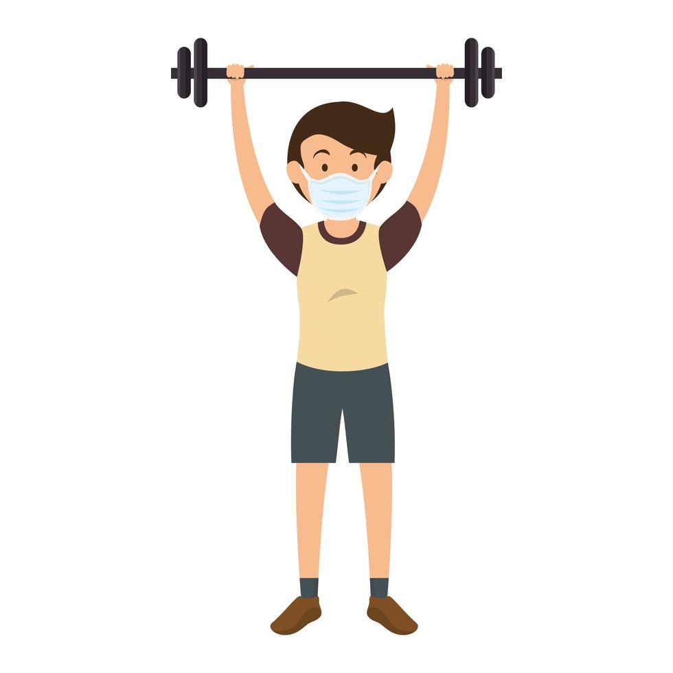 young man using face mask practicing exercise vector