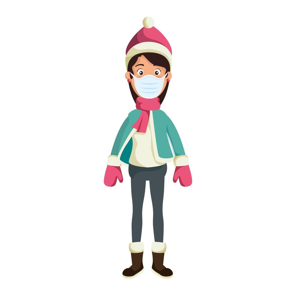 young woman wearing winter clothes using face mask vector