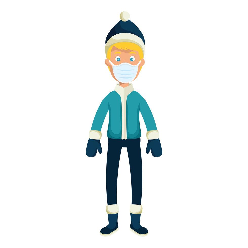 young man wearing winter clothes using face mask vector