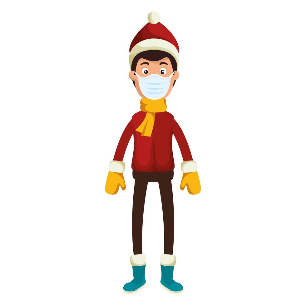 young man wearing winter clothes using face mask vector