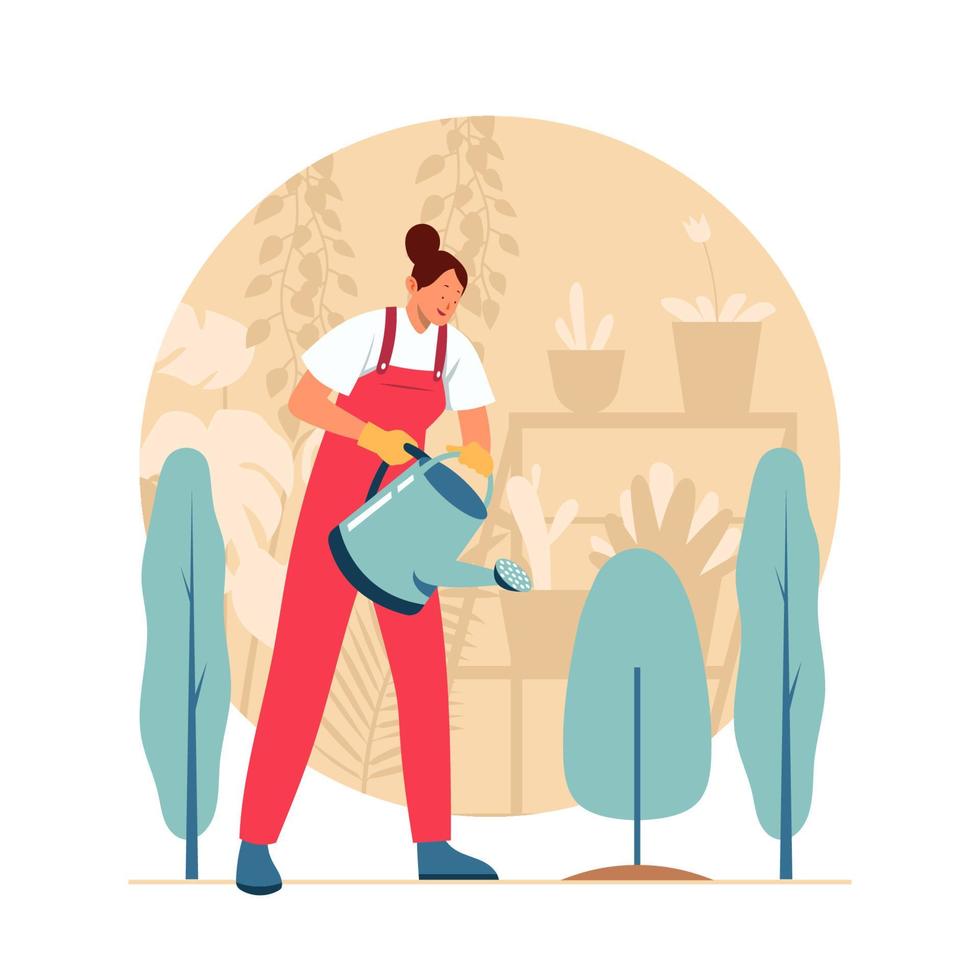 Woman Watering  Flower Garden vector