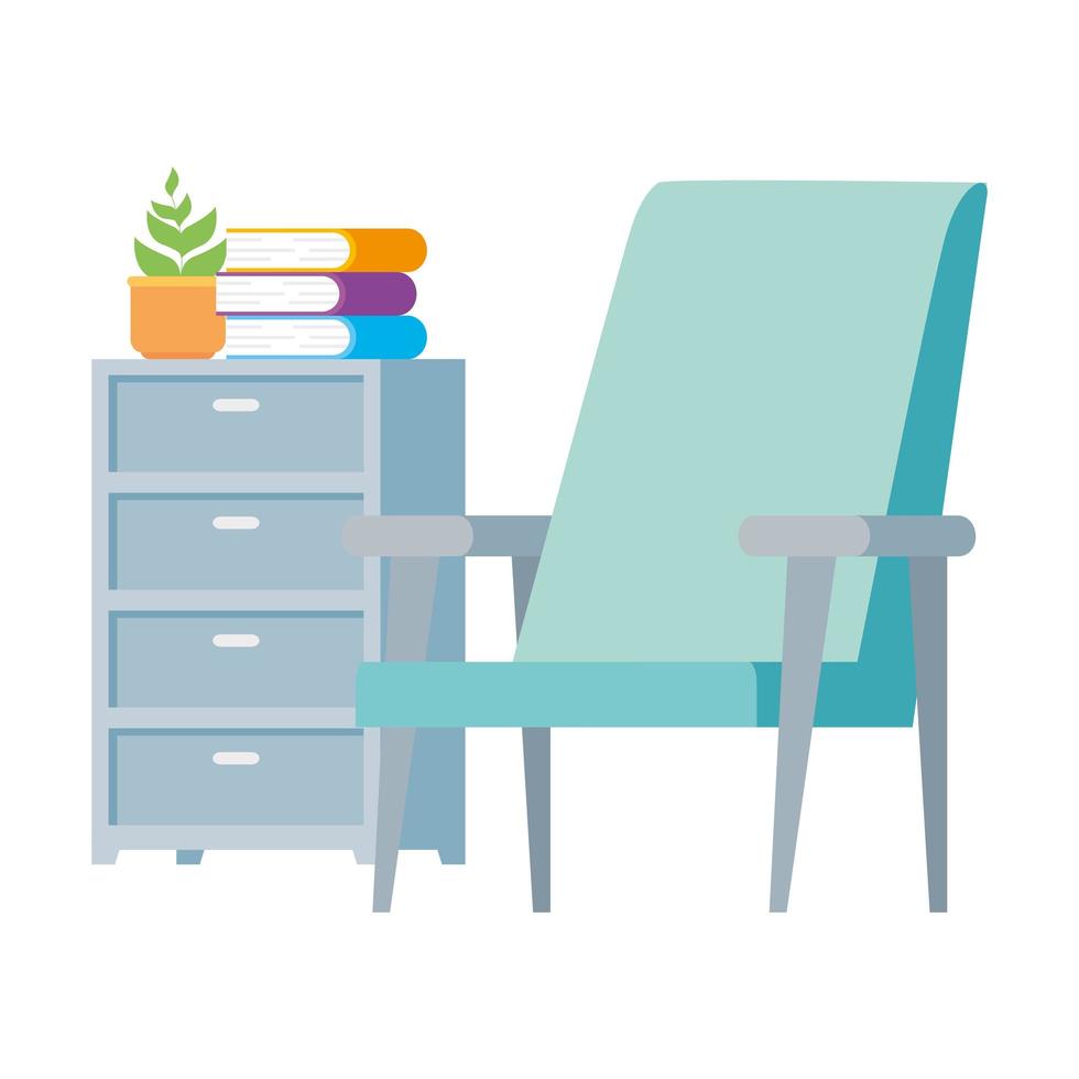 Silla con cajón y libros icono aislado vector