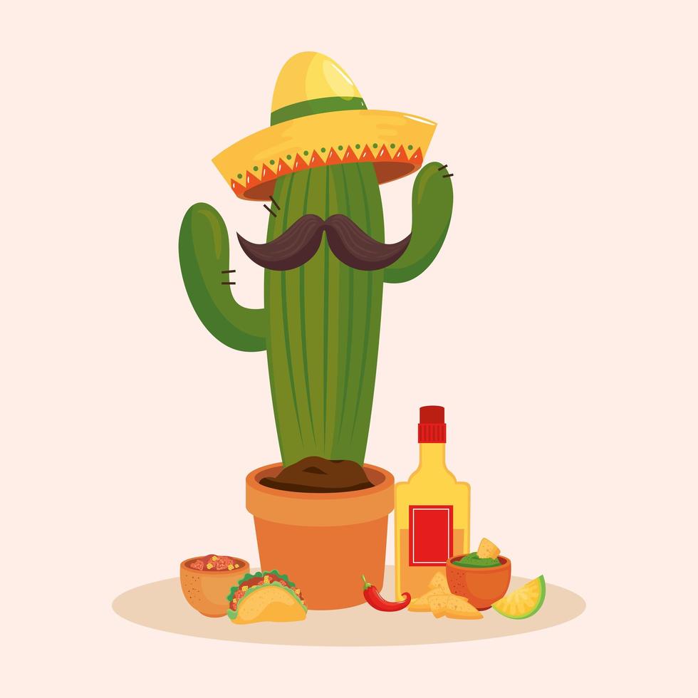 Mexican cactus with mustache hat and tequila bottle vector design