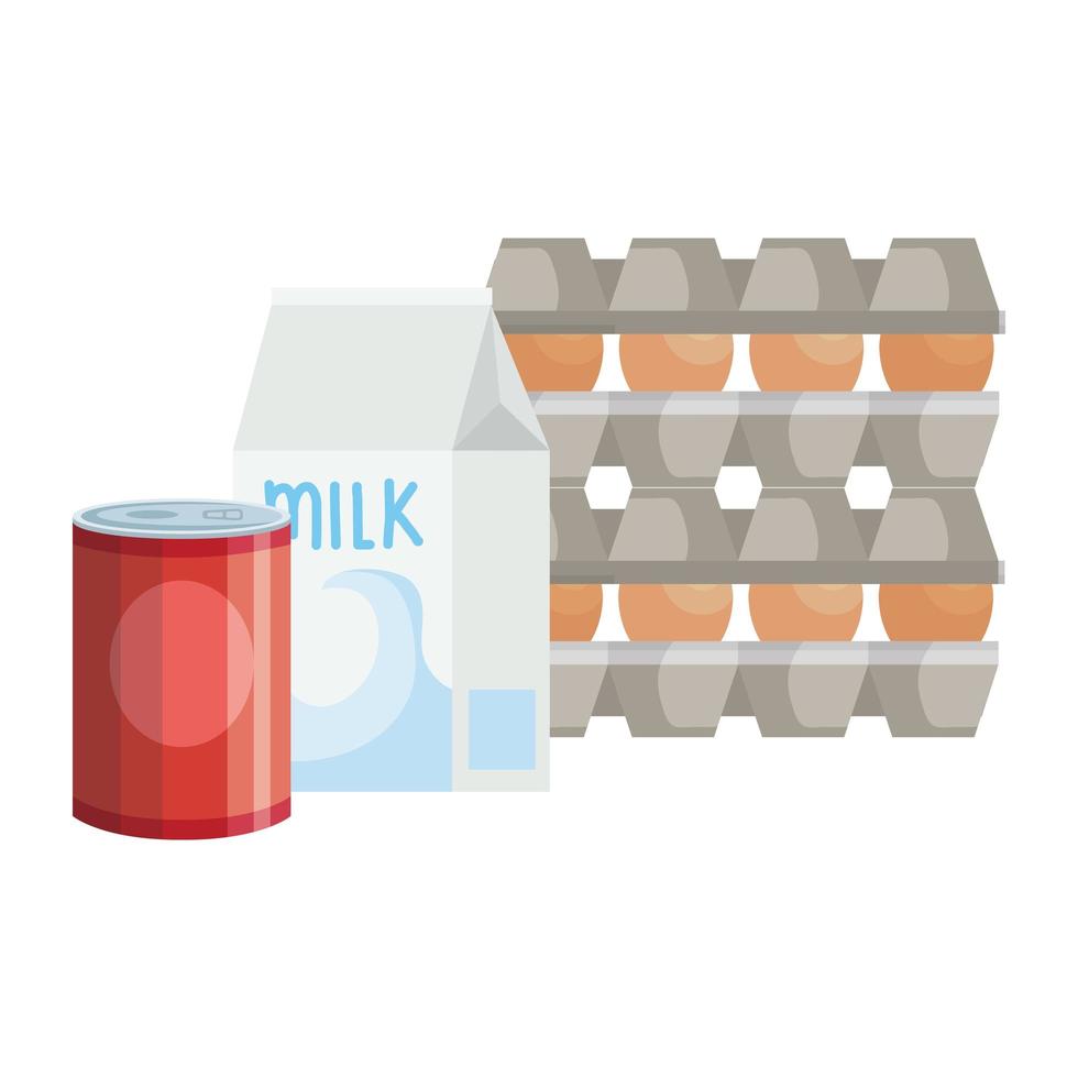 set eggs in package cardboard with food in can and box milk vector