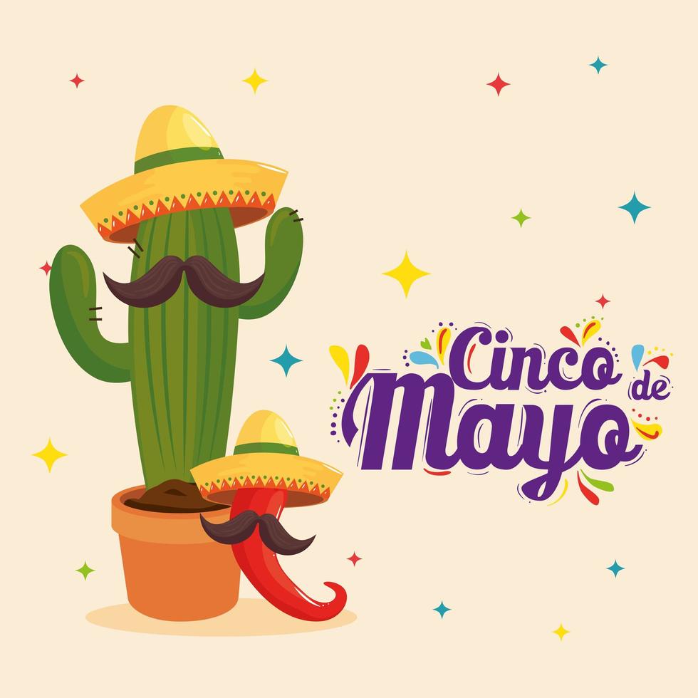 Chile de cactus mexicano con sombreros y bigotes de diseño vectorial cinco de mayo vector