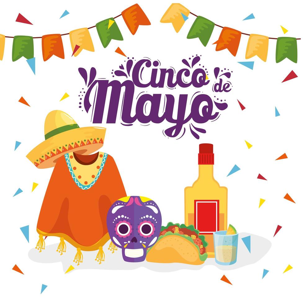 sombrero de poncho calavera mexicana taco y botella de tequila de cinco de mayo diseño vectorial vector