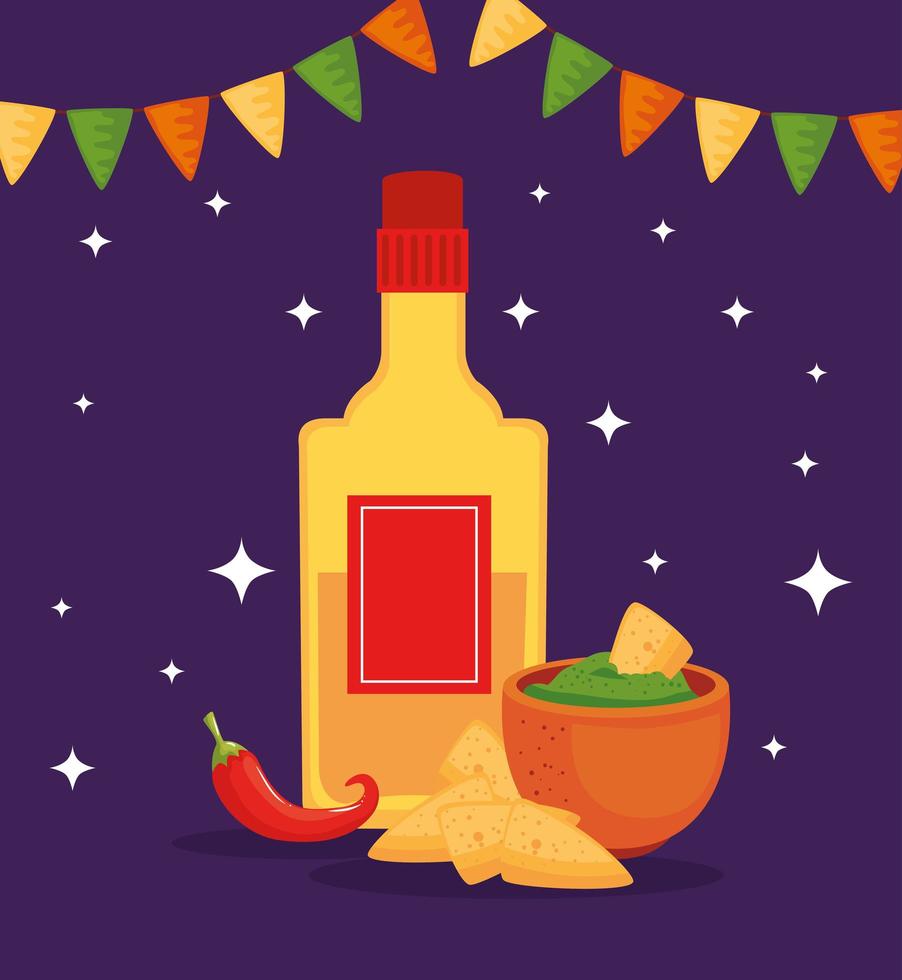 botella de tequila mexicano tazón nachos y chili diseño vectorial vector