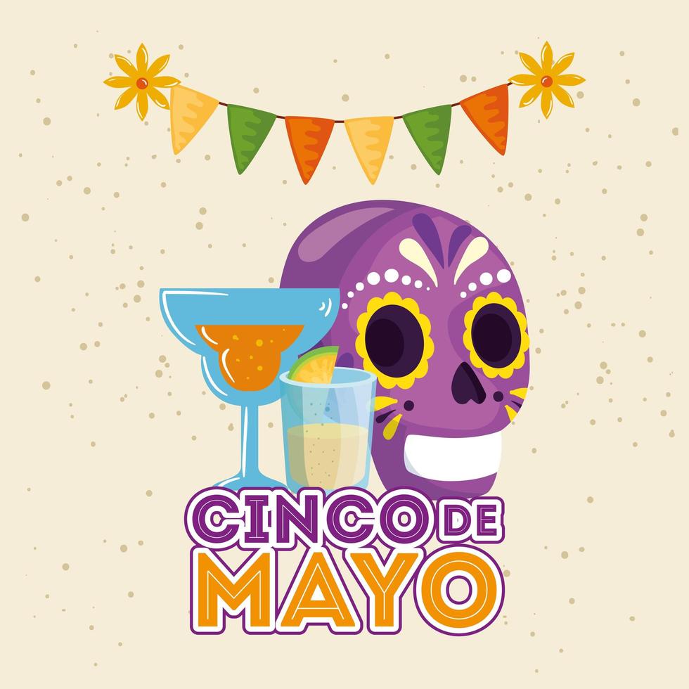 Cóctel de calavera mexicana y trago de tequila de diseño vectorial cinco de mayo vector