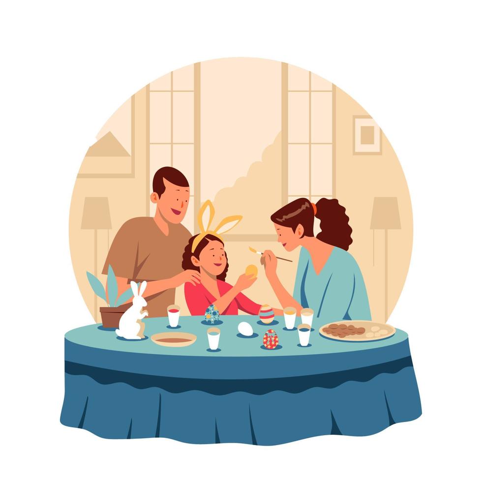 familia feliz decorando huevo de pascua vector