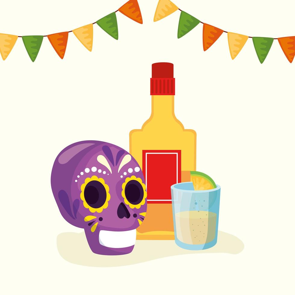 Disparo de botella de tequila de calavera mexicana y diseño de vector de limón