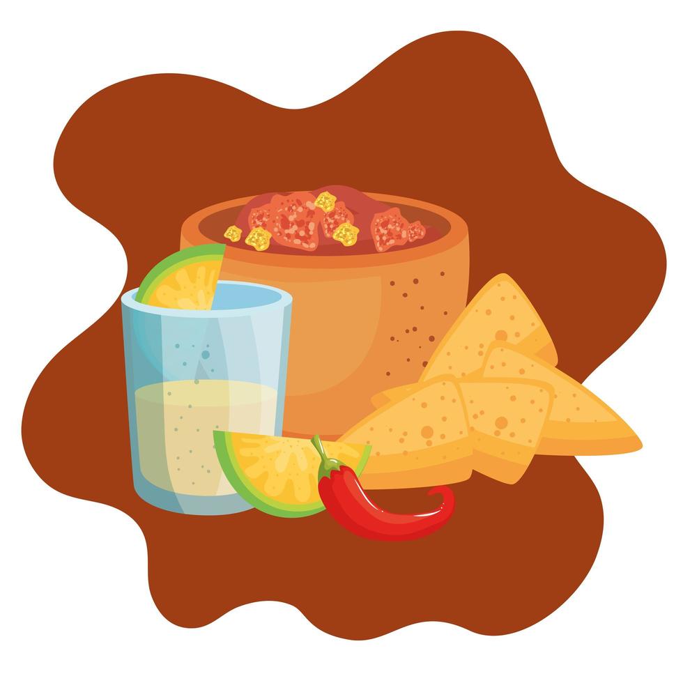 Mexican bowl nachos chilli and tequila shot with lemon vector design