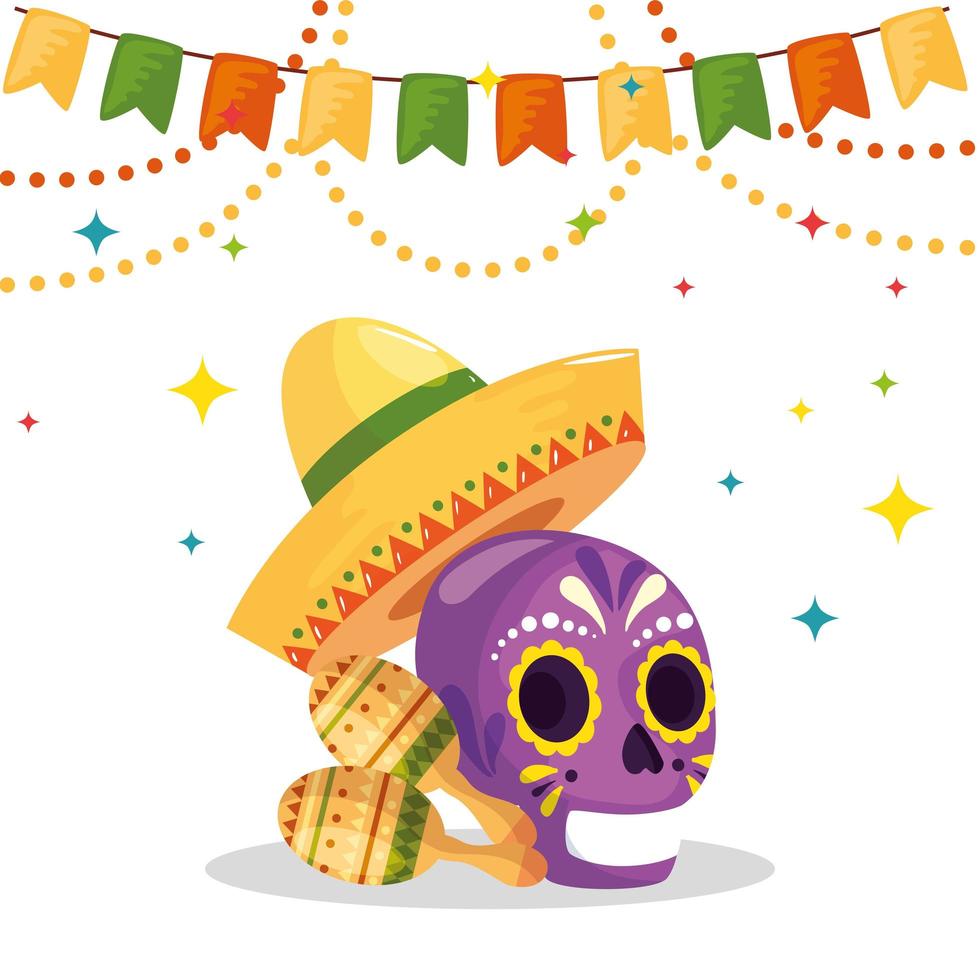 Mexican skull hat and maracas vector design