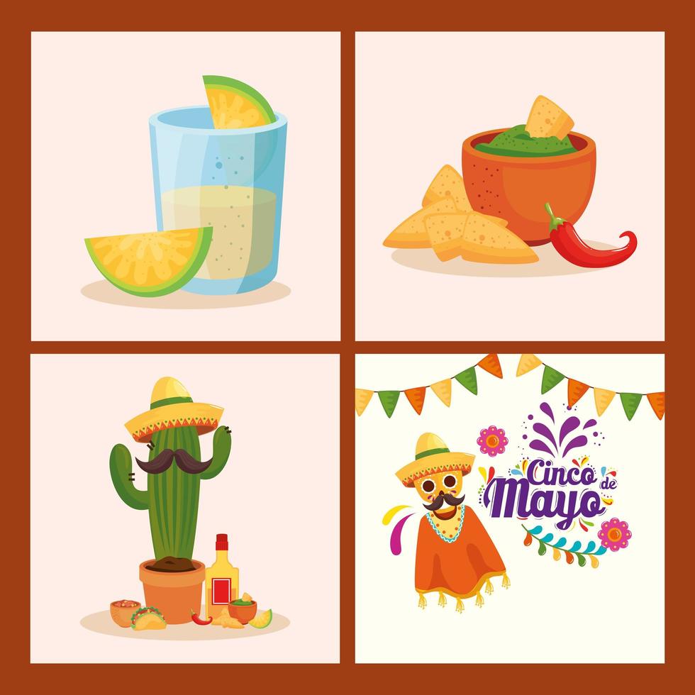 tequila mexicano, tazón de limón, nachos, chile, cactus, y, cráneo, de, cinco, de, mayo, vector, diseño vector