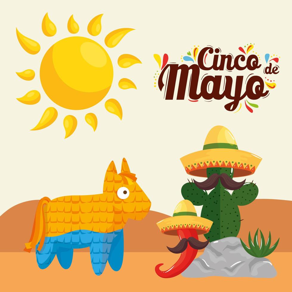 Mexican cactus chilli with hats mustaches and pinata of Cinco de mayo vector design