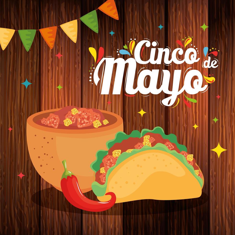 taco mexicano, taco, y, chile, de, cinco de mayo, vector, diseño vector