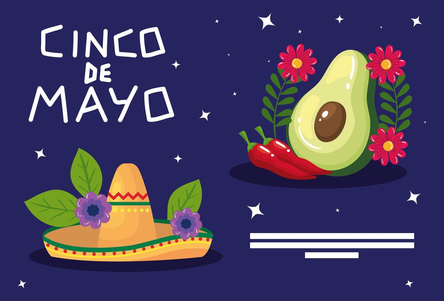 sombrero mexicano, aguacate, y, chiles, de, cinco de mayo, vector, diseño vector