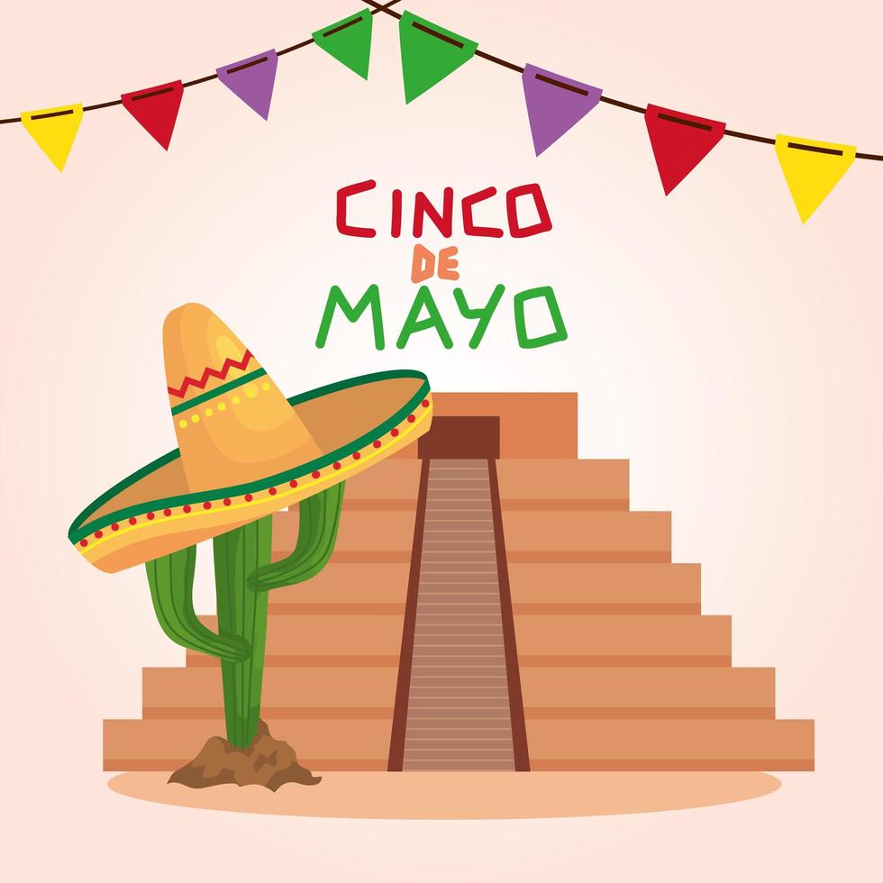 Mexican pyramid and cactus with hat of Cinco de mayo vector design