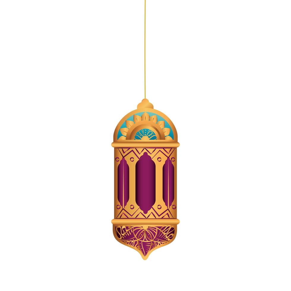 diseño de vector de linterna púrpura y oro colgante aislado