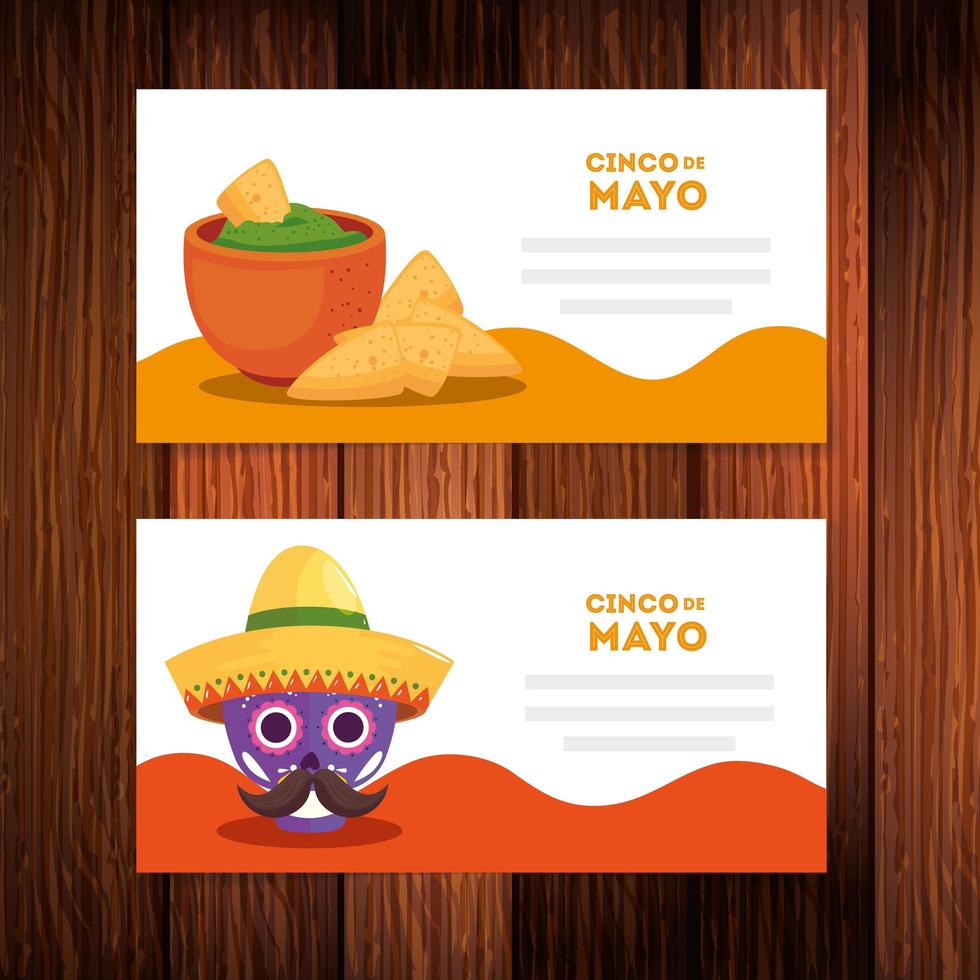 Mexican skull with hat bowl and nachos of Cinco de mayo vector design