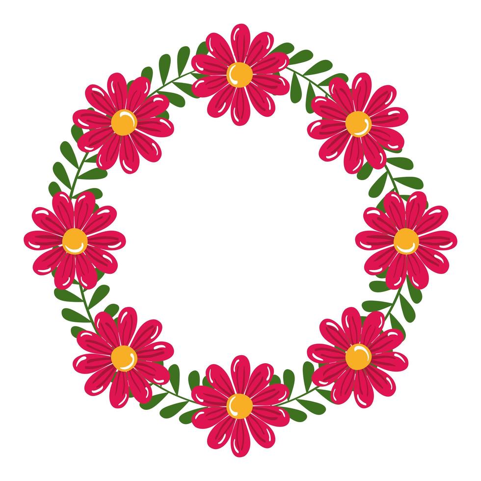 Isolated pink flowers with leaves circle vector design