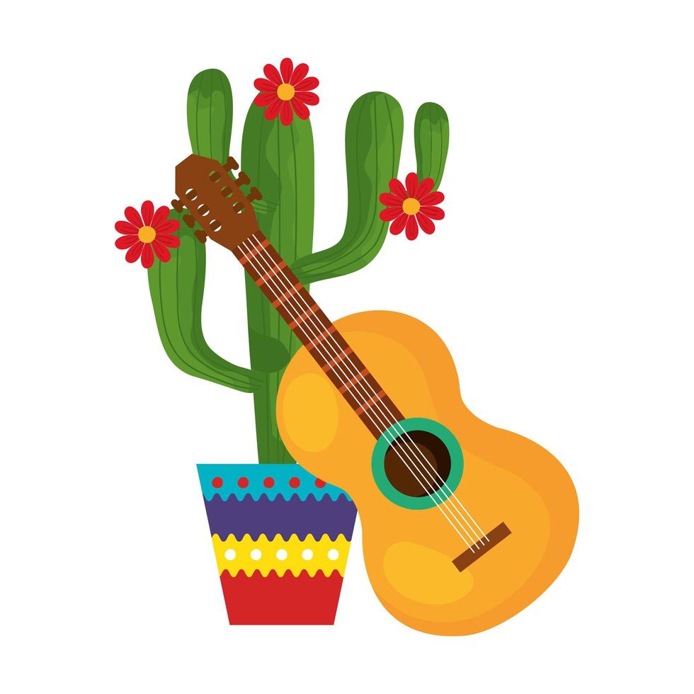 Cactus mexicano aislado con flores y diseño vectorial de guitarra vector
