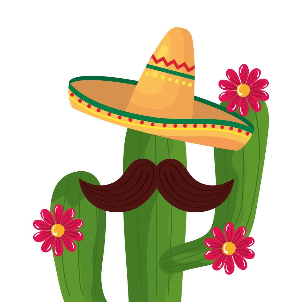Cactus mexicano aislado con diseño de vector de sombrero y bigote