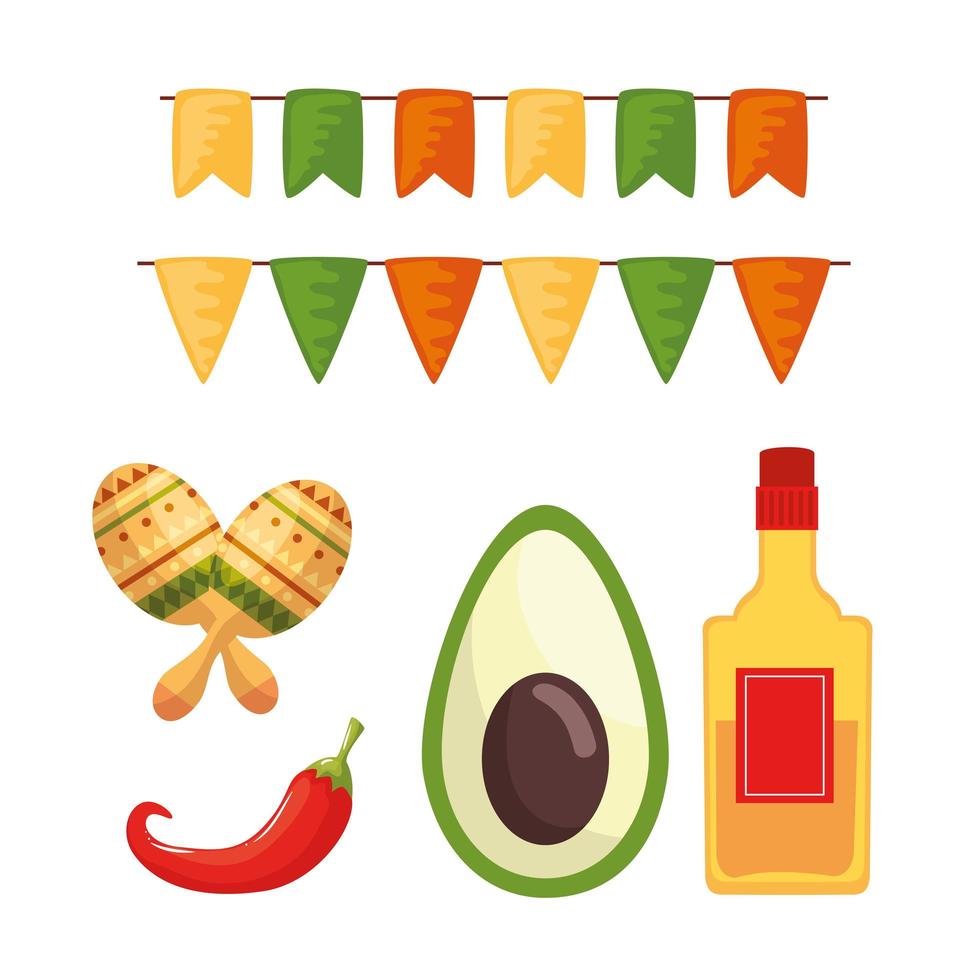 Mexican tequila bottle avocado chilli and maracas vector design