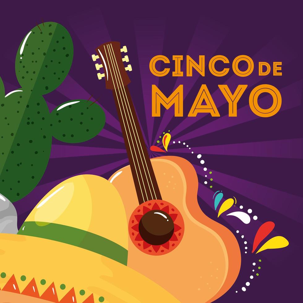 Mexican guitar cactus and hat of Cinco de mayo vector design