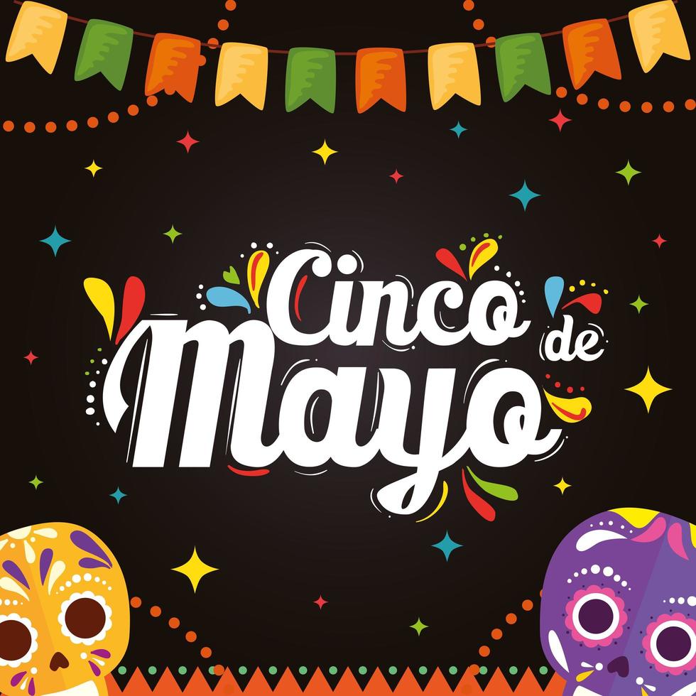 Mexican skulls and banner pennant of Cinco de mayo vector design