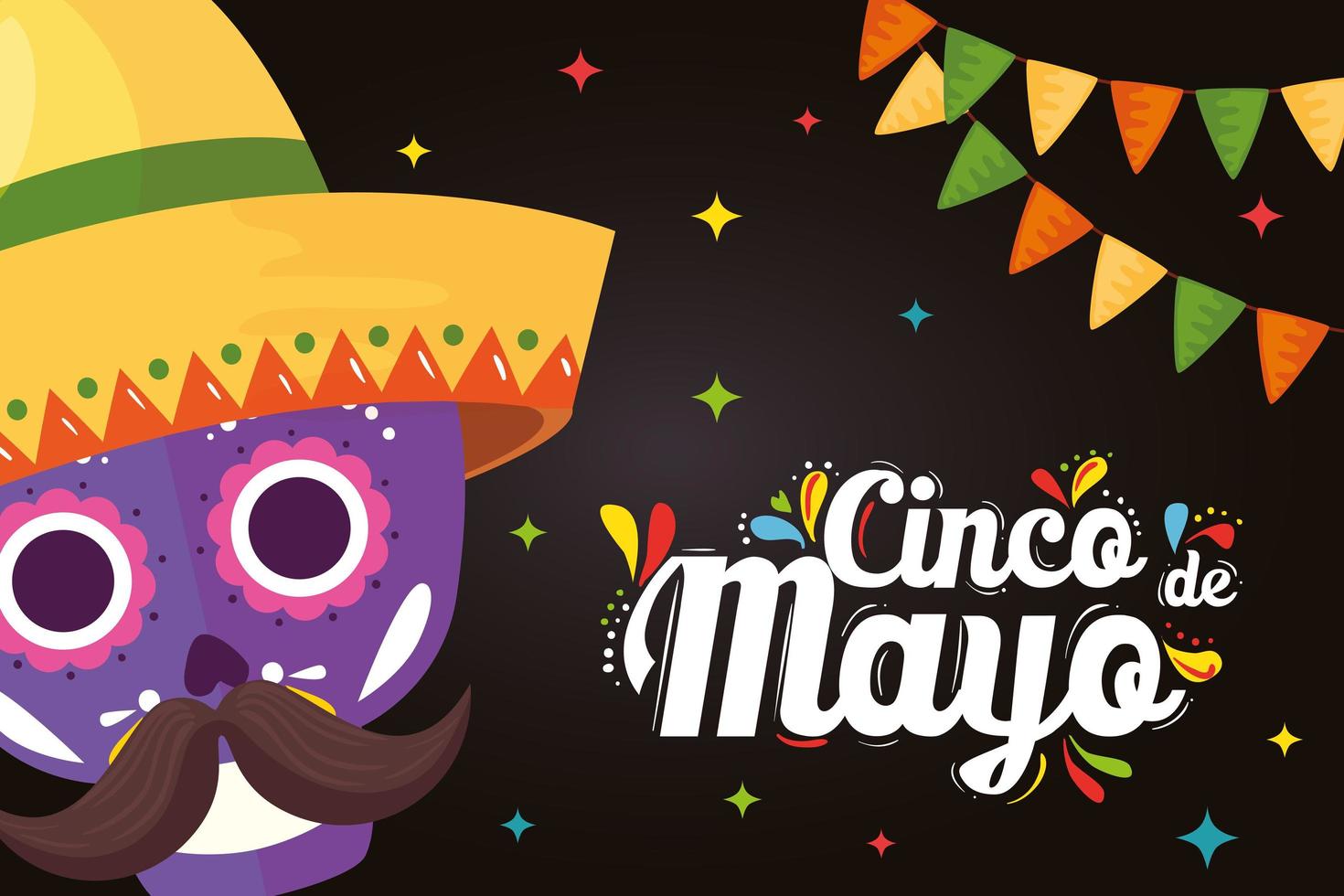 Mexican skull with hat and mustache of Cinco de mayo vector design