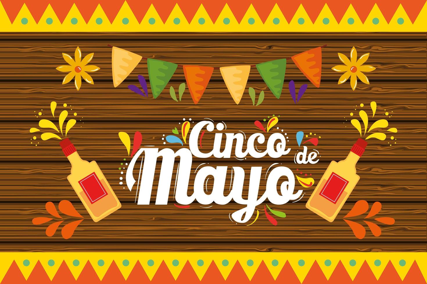 Mexican tequila bottles and banner pennant of Cinco de mayo vector design