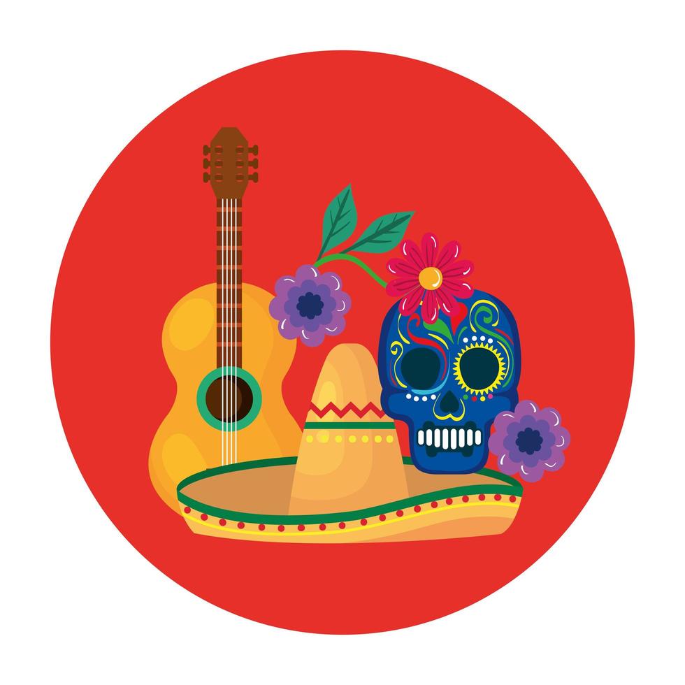 sombrero mexicano, guitarra, cráneo, y, flores, vector, diseño vector