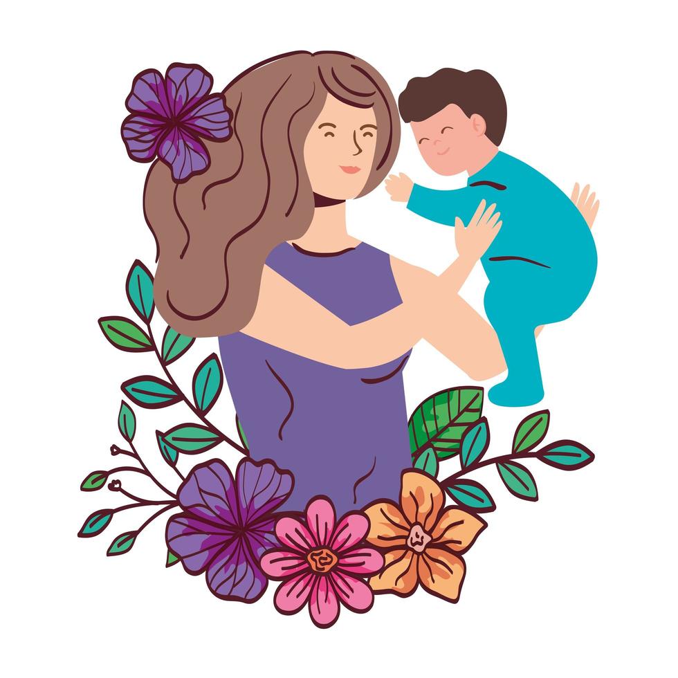 mother lifting baby boy with flowers decoration vector