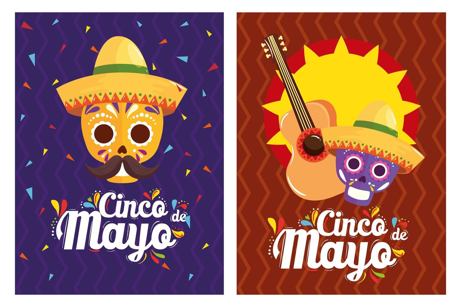 Mexican skulls with hats and guitar of Cinco de mayo vector design