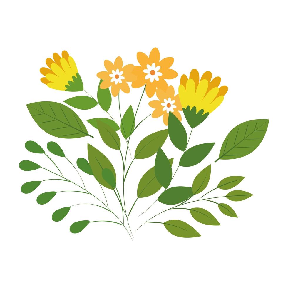 cute flowers yellow color with branches and leafs vector