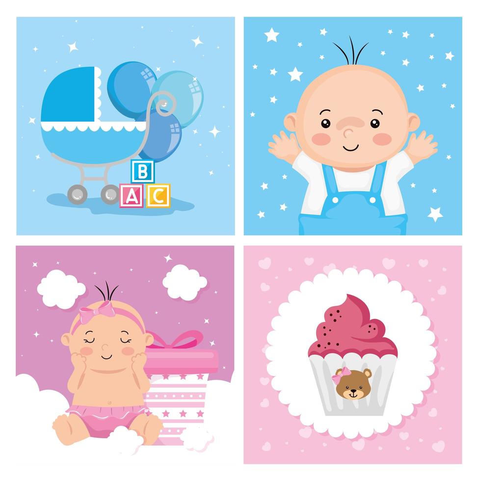 set poster of baby with cute decoration vector