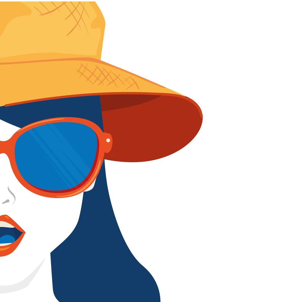 La mitad de la cara de una mujer con sombrero de verano y gafas de sol. vector