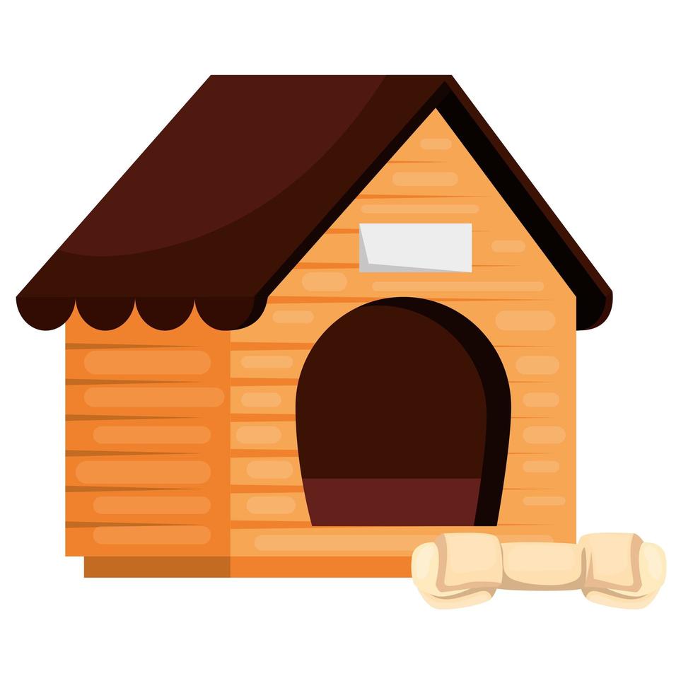 Casa de perro de madera con hueso icono aislado vector