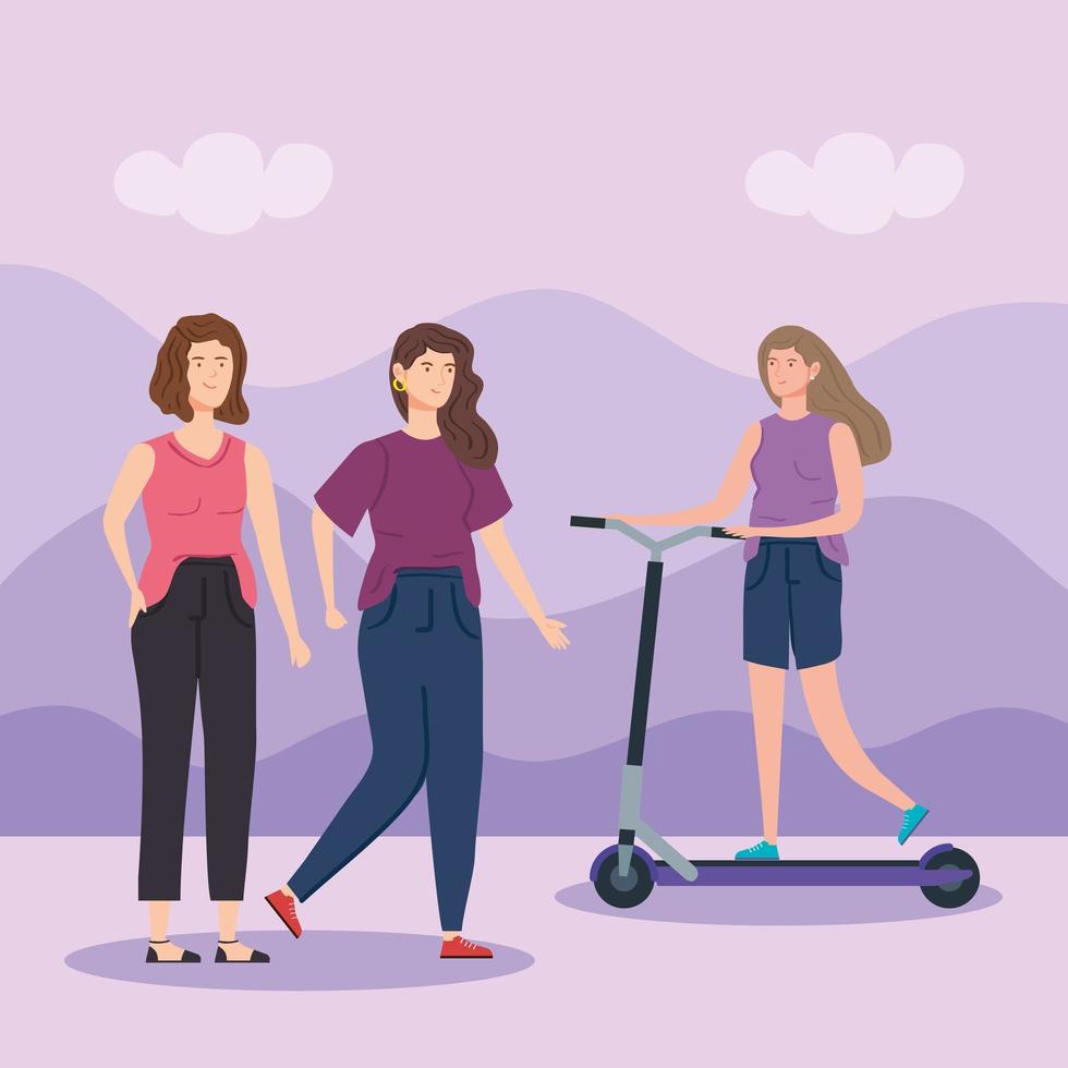 women with scooter in landscape avatar character vector