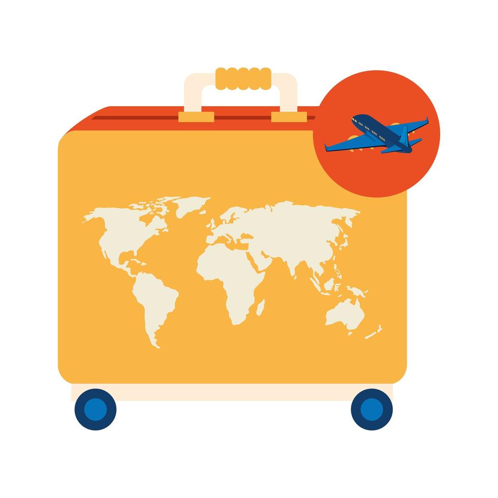 wheeled suitcase with airplane isolated icon vector