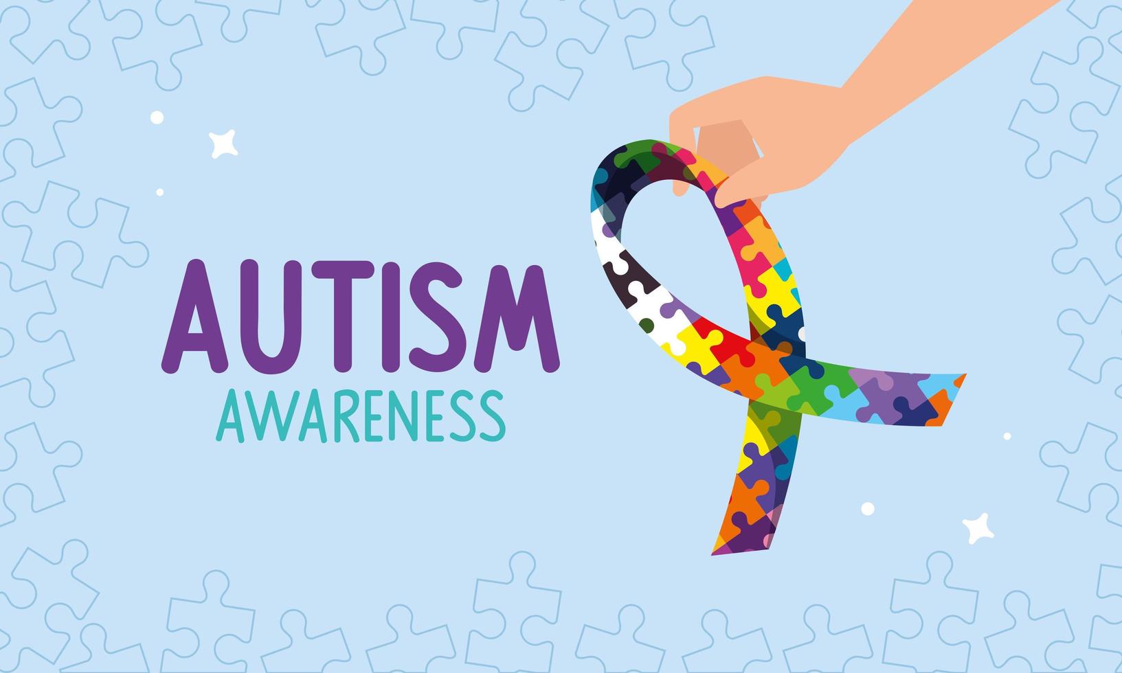 world autism day with hand and ribbon of puzzle pieces vector