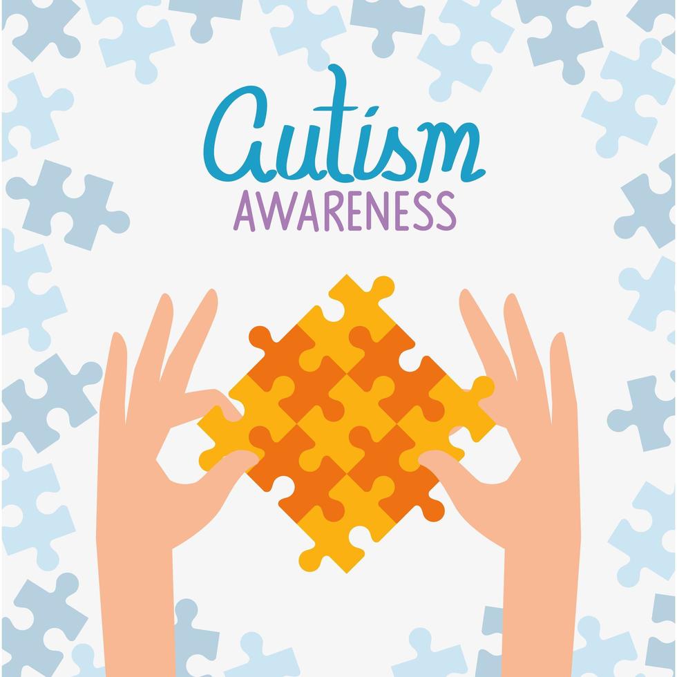 world autism day with hands and puzzle pieces vector