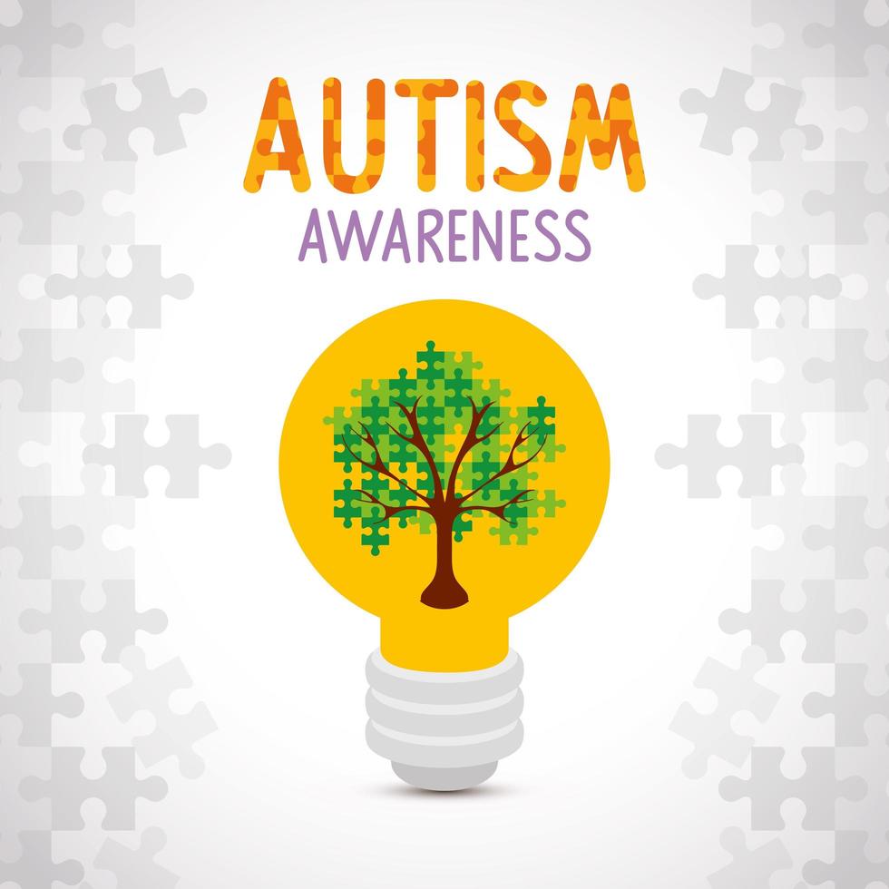 world autism day with tree of puzzle pieces in light bulb vector