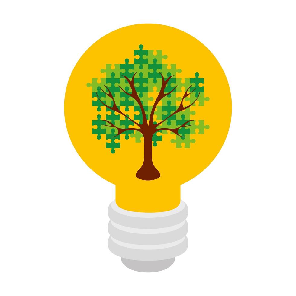tree of puzzle pieces in light bulb vector
