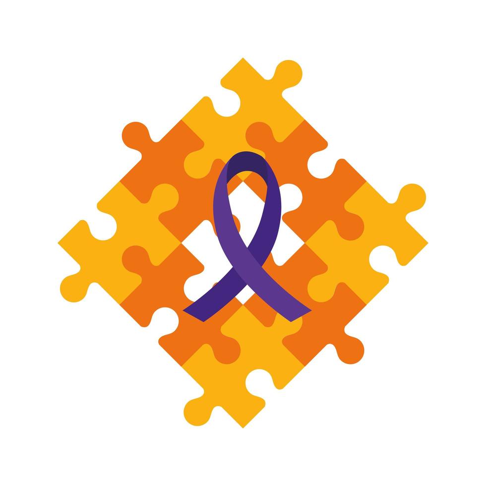 set of puzzle pieces with purple ribbon vector