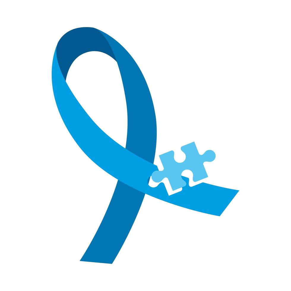 blue ribbon emblem with puzzle piece isolated icon vector