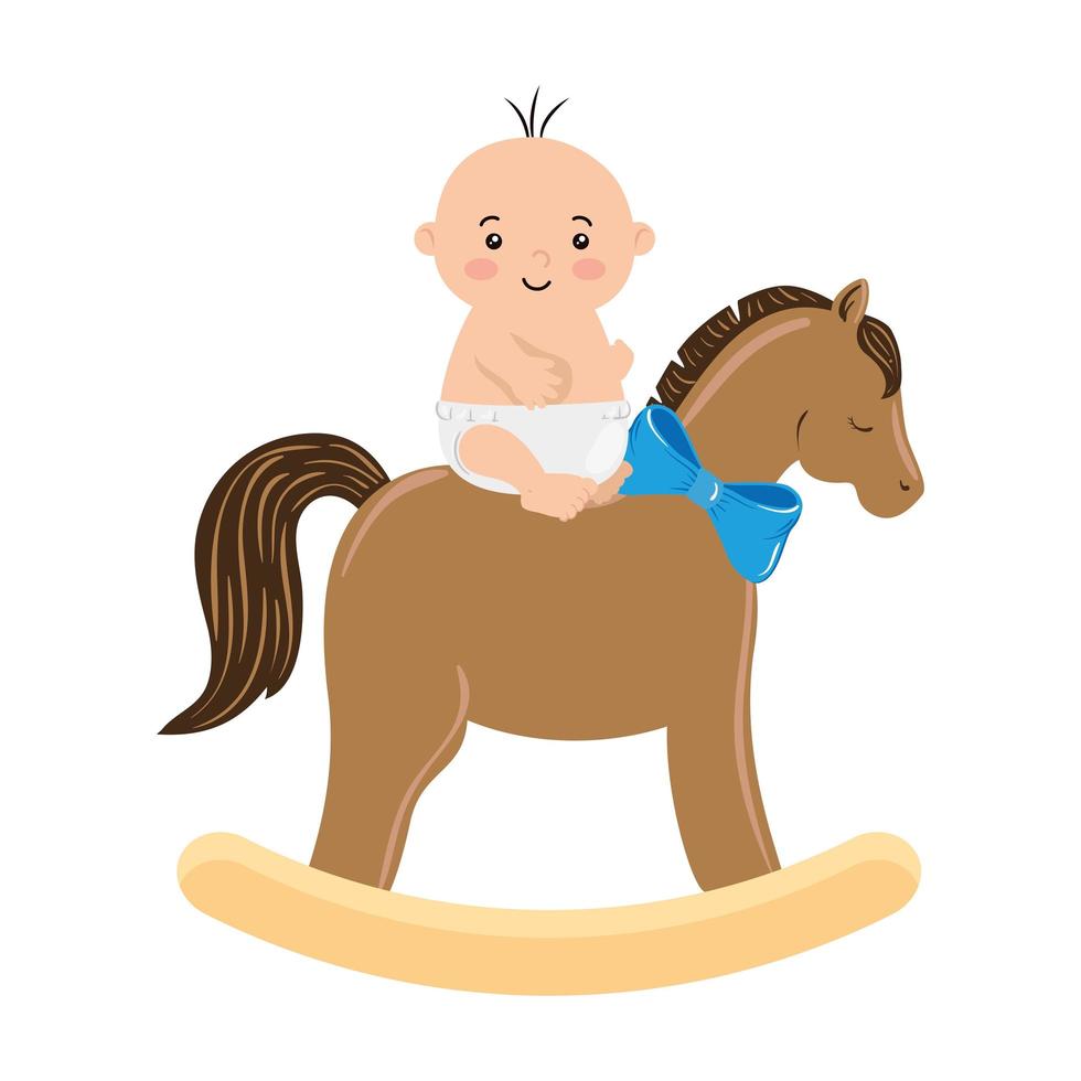 cute little baby boy in wooden horse toy vector