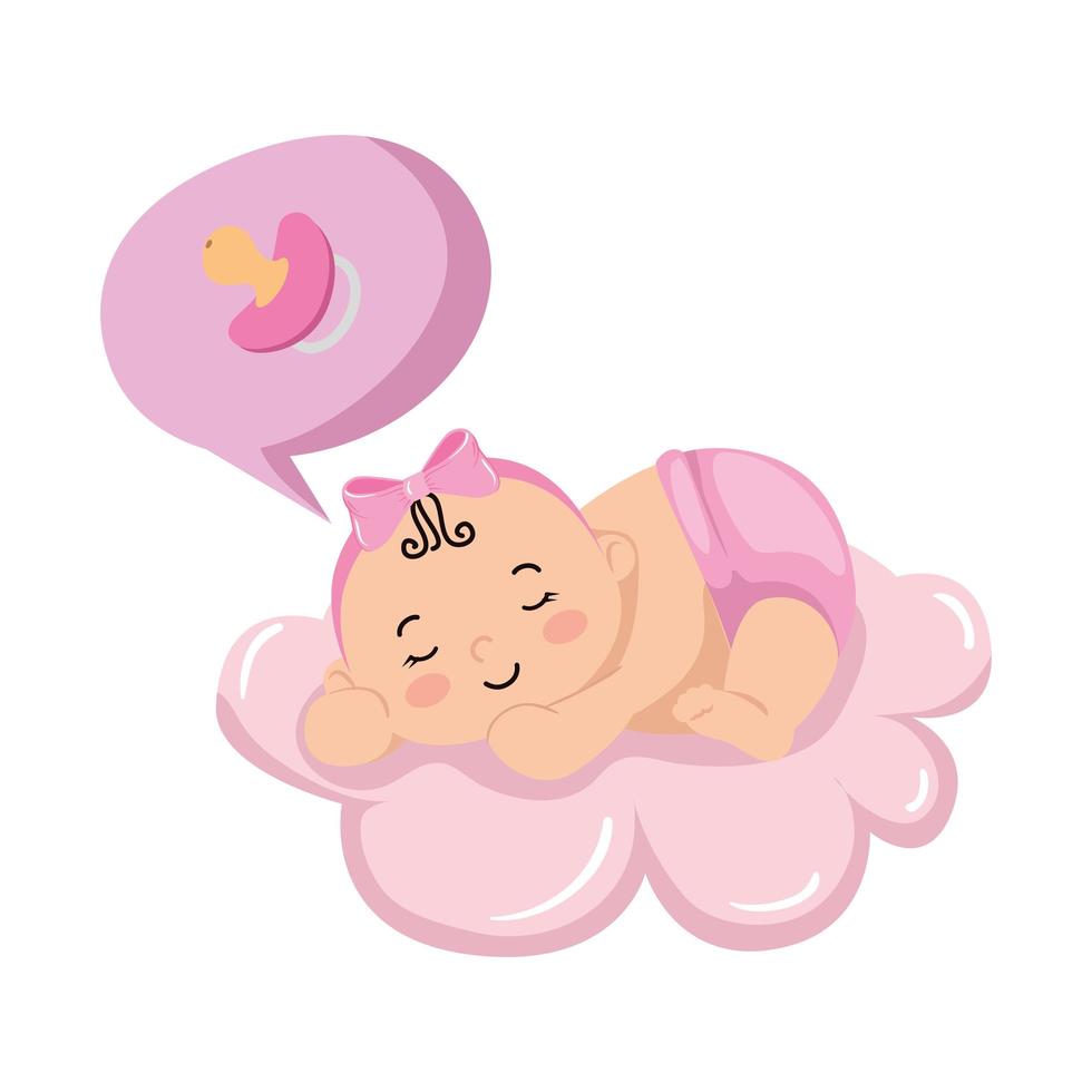 linda niña durmiendo en la nube con chupete vector