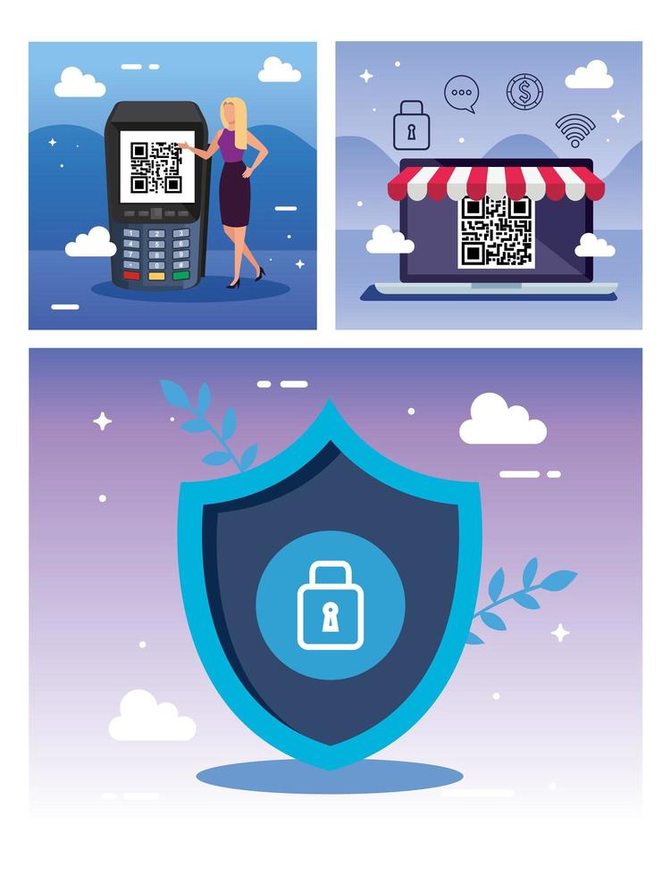 set poster of scan code qr with icons vector